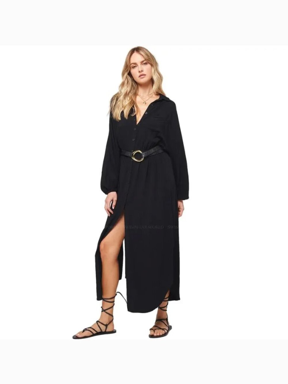 L*Space Black Logan Dress Button Down Maxi Long Sleeve Cover-Up Size XL